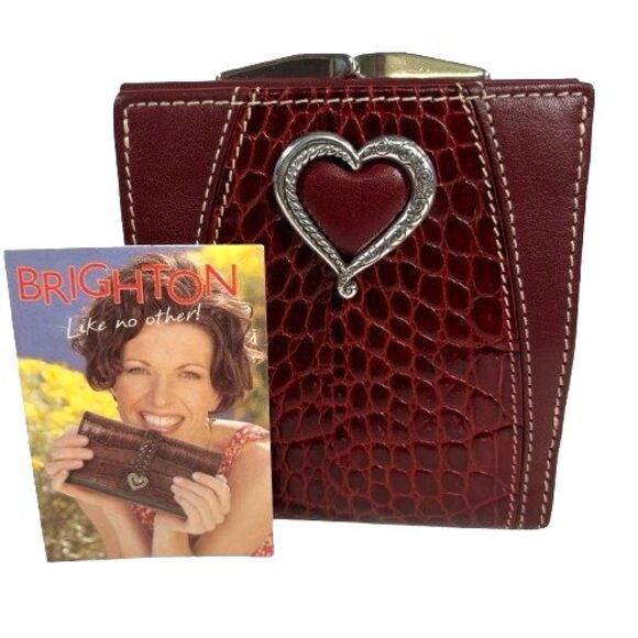 New Brighton Moc Croc Leather Wallet Bifold Large Silver Heart Clutch Kisslock - Picture 1 of 16